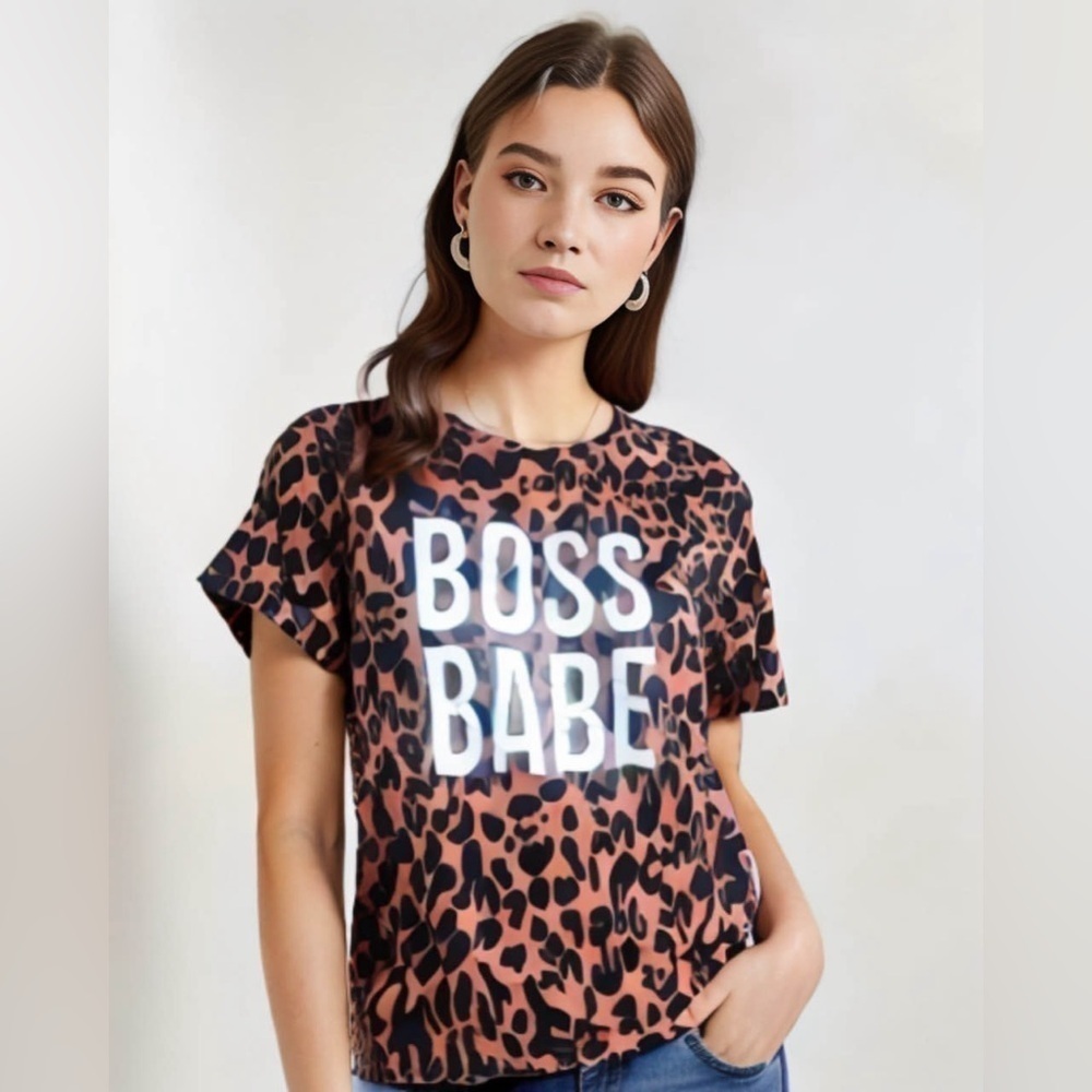 Boss Babe Leopard Print Short Sleeve Graphic TShirt Small Casual Layering Edgy